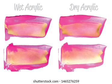 Vector pink and gold paint smear stroke stain set. Abstract gold glittering textured art illustration. Gold Texture Paint Stain Illustration. Hand drawn brush strokes vector elements. Acrilyc strokes.