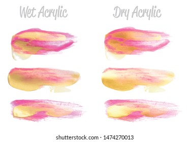 Vector pink and gold paint smear stroke stain set. Abstract gold glittering textured art illustration. Gold Texture Paint Stain Illustration. Hand drawn brush strokes vector elements. Acrilyc strokes.