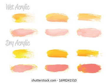 Vector pink and gold paint smear stroke stain set. Abstract gold glittering textured art illustration. Gold Texture Paint Stain Illustration. Hand drawn brush strokes vector elements. Acrylic strokes.