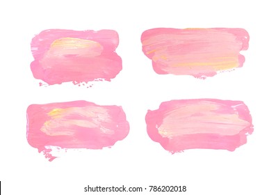 Vector pink and gold paint smear stroke stain set. Abstract gold glittering textured art illustration. Gold Texture Paint Stain Illustration. Hand drawn brush strokes vector elements. Acrilyc strokes.
