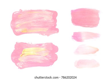 Vector pink and gold paint smear stroke stain set. Abstract gold glittering textured art illustration. Gold Texture Paint Stain Illustration. Hand drawn brush strokes vector elements. Acrilyc strokes.