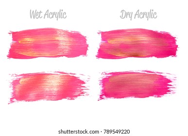 Vector pink and gold paint smear stroke stain set. Abstract gold glittering textured art illustration. Gold Texture Paint Stain Illustration. Hand drawn brush strokes vector elements. Acrilyc strokes.