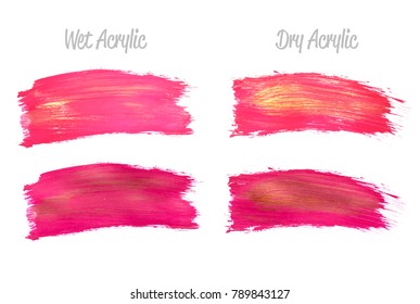 Vector pink and gold paint smear stroke stain set. Abstract gold glittering textured art illustration. Gold Texture Paint Stain Illustration. Hand drawn brush strokes vector elements. Acrilyc strokes.