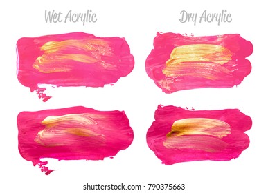 Vector pink and gold paint smear stroke stain set. Abstract gold glittering textured art illustration. Gold Texture Paint Stain Illustration. Hand drawn brush strokes vector elements. Acrilyc strokes.