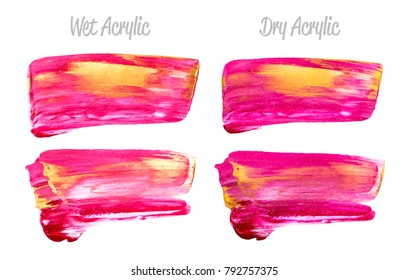 Vector pink and gold paint smear stroke stain set. Abstract gold glittering textured art illustration. Gold Texture Paint Stain Illustration. Hand drawn brush strokes vector elements. Acrilyc strokes.
