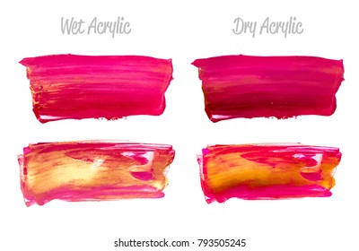 Vector pink and gold paint smear stroke stain set. Abstract gold glittering textured art illustration. Gold Texture Paint Stain Illustration. Hand drawn brush strokes vector elements. Acrilyc strokes.