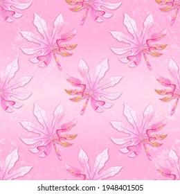 Vector Pink and Gold Summer Seamless Pattern. Tropical Leaves with Watercolor Texture. Bright Modern Background with Aralia.