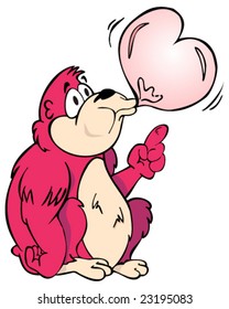 vector pink gorilla blowing heart-shaped bubblegum bubble