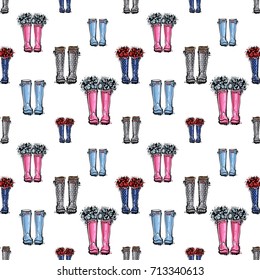 Vector pink, gray, blue polka dot wellies with flowers illustration. Seamless pattern in watercolor style. Backdrop for decoration seasonal celebration, fabrics, textile, greeting card and web banner.