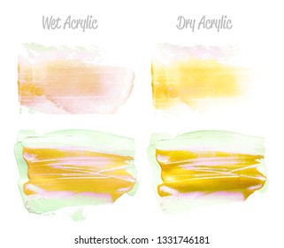 Vector pink, green, gold paint smear stroke stain set. Abstract gold glittering textured art illustration. Texture Paint Stain Illustration. Hand drawn brush strokes vector elements. Acrilyc strokes.