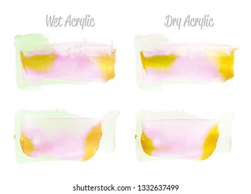 Vector pink, green, gold paint smear stroke stain set. Abstract gold glittering textured art illustration. Texture Paint Stain Illustration. Hand drawn brush strokes vector elements. Acrilyc strokes.