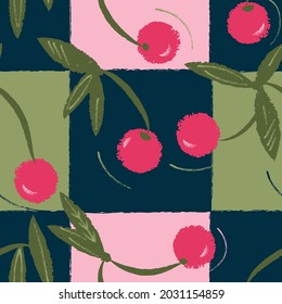 Vector pink green squares cherries repeat pattern