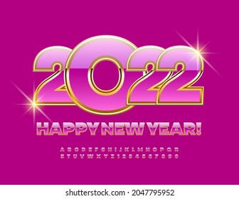 Vector pink Greeting Card Happy New Year 2022! Stylish Bold Font. Glamour Alphabet Letters and Numbers set