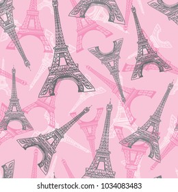 Vector Pink Grey Eifel Tower Paris Seamless Repeat Pattern. Perfect for travel themed postcards, greeting cards, invitations, packaging.