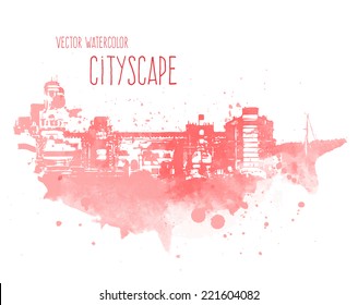 Vector pink grungy watercolor city landscape of Buenos Aires, Argentina