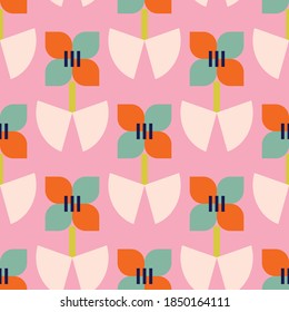 Vector pink half drop folk floral seamless pattern.