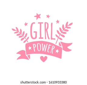 Vector pink hand drawn doodle illustration in simple style with phrase girl power. feminism quote and women motivational slogan print isolated on white background
