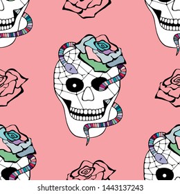 Vector pink hand drawn illustration, skull with snake, rose tooth, silhouette face of human Print horror for t shirt Mexican style, day of the dead Mexico halloween Sketch, tattoo drawing.