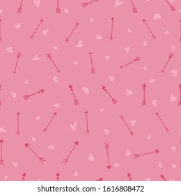 Vector Pink hand drawn small hearts and arrows Seamless Pattern for Valentines Day
