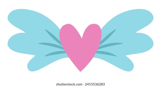 Vector pink heart with blue wings icon. Saint Valentine or unicorn concept. Cute love illustration isolated on white background
