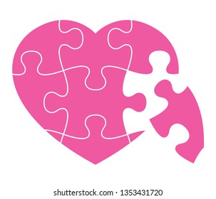 Vector pink heart logo made of puzzle pieces. Isolated on white background.