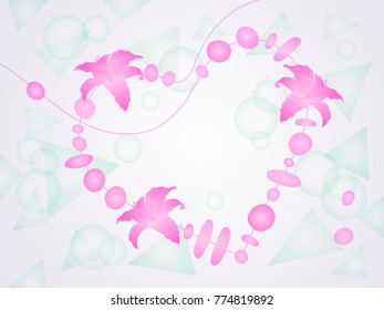 Vector pink heart of love made from round beads and lily flowers on a white background with an abstract pattern of circles and triangles of light blue color