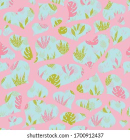 Vector pink heart overlay tropical leaves seamless pattern background