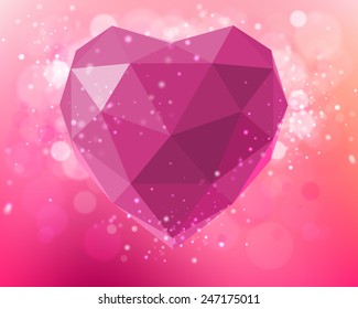 Vector pink heart of polygons on a soft background with bokeh. Love. Happy Valentine Day greeting card illustration