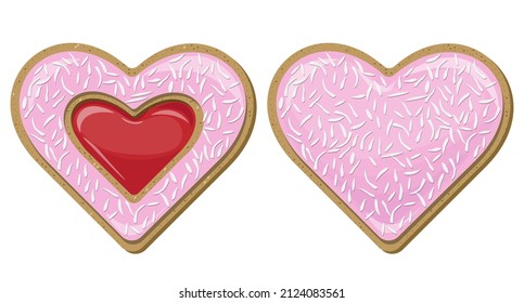 Galletas con forma de corazón rosa vectorial con copos de coco aislados en fondo blanco.