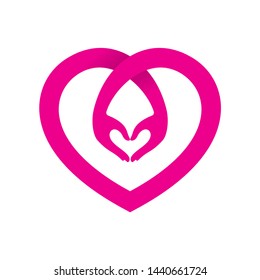 Vector pink heart with two hands forming a heart. Isolated on white background.