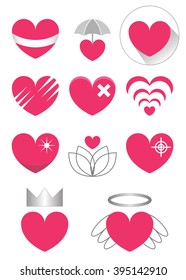 Vector pink hearts icons set. Isolated cardio illustrations. Heart care, heart health.