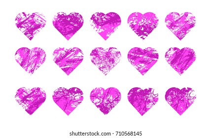 Vector pink hearts, isolated. Collection Textural elements for advertising. Manual drawing, ink. Set of bright abstract objects in the shape of a heart.