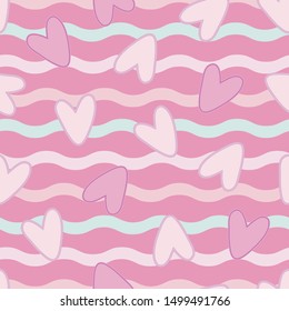 Vector Pink Hearts On Wavy Stripped Background. Seamless Repeat Surface Pattern Swatch. Great for Valentine's Day, Baby Shower or Romantic Events.