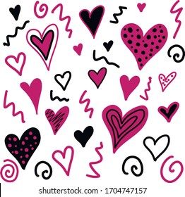 Vector pink hearts set for wedding and valentine design. Doodle illustrations isolated on white