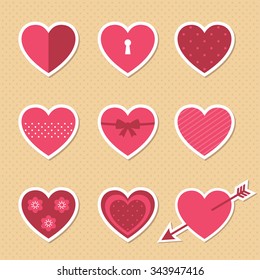 Vector pink hearts stickers set