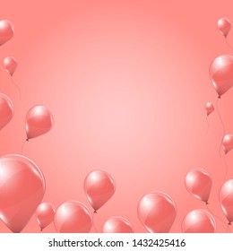 Vector pink helium balloons on pink background. Flying latex 3d ballons. 