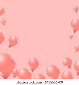 Vector pink helium balloons on pink background. Flying latex 3d balloons. 