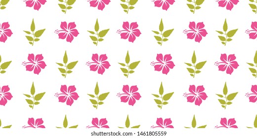 Vector pink hibiscus and green leaf seamless pattern background