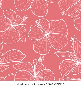 Vector Pink Hibiscus Line art Seamless Pattern Background. Perfect for fabric, scrapbooking, wallpaper.