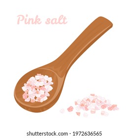 Vector Pink Himalayan Salt In Wooden Spoon And Heap. Cartoon Flat Illustration. Organic Food.