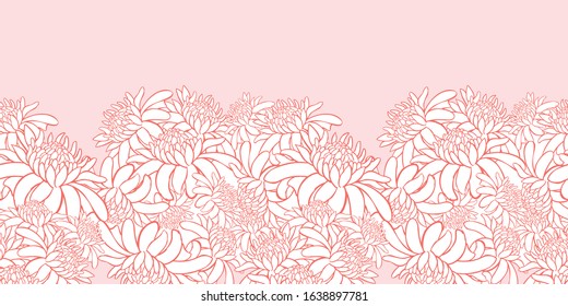 Vector pink horizontal border pattern 02 with tropical torch ginger flowers outlines. Easily do gold stamping. Suitable for invitation cards.