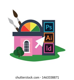 Vector pink house graphic design. Faculty of graphic design in the form of a house with program icons, color wheel, brush, pen and cursor.