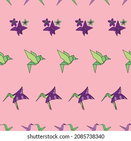 Vector Pink hummingbird Origami birds with flowers background pattern