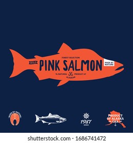 Vector pink (humpback) salmon label isolated on a blue background. Salmon raw steak, fish illustration, map of Alaska