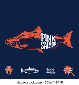 Vector pink (humpback) salmon label isolated on a blue background. Salmon raw steak and fish illustration for groceries, fisheries, seafood shop packaging and advertising