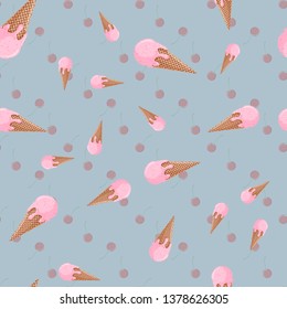 Vector pink ice cream and cherry seamless pattern