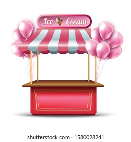 Vector pink ice cream opening shop booth icon with balloons.