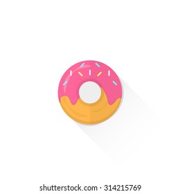 vector pink icing donut with colorful sprinkles isolated flat design illustration on white background with shadow