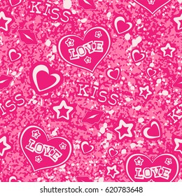 Vector pink illustration hearts, lips and stars. Inscription love and kiss on grunge backdrop. Seamless background. For t-shirt design or print on textile.