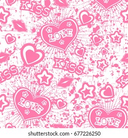 Vector pink illustration hearts, lips and stars. Inscription love and kiss. Seamless background. For t-shirt design or print on textile.